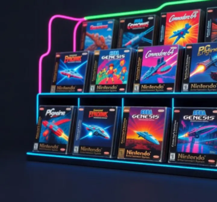 Zbliżenie na zestaw kolekcjonerskich pudełek z retro grami na różne platformy