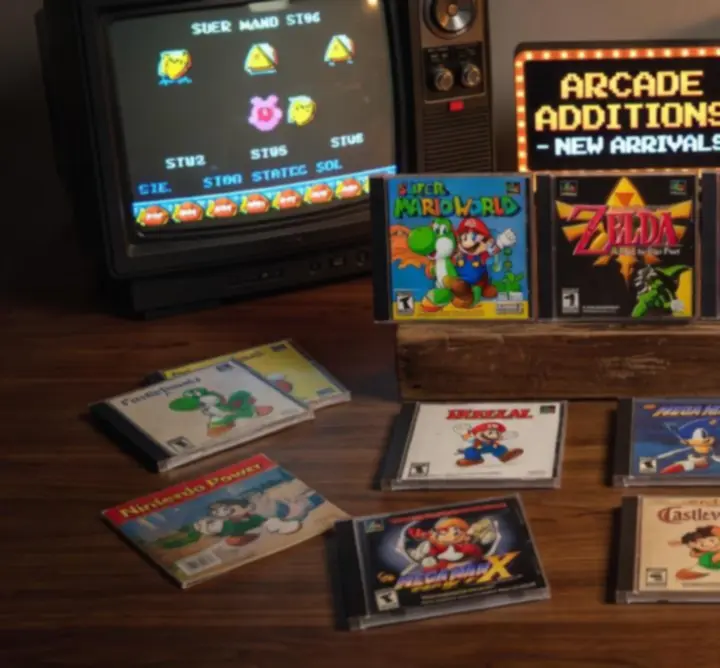 Stół z nowo przyjętymi pudełkami gier retro w sklepie