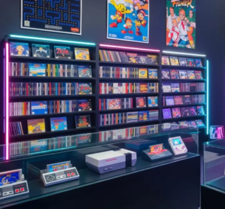 Wnętrze sklepu ZAGRY STAGE z półkami pełnymi retro gier i kolekcjonerskich wydań