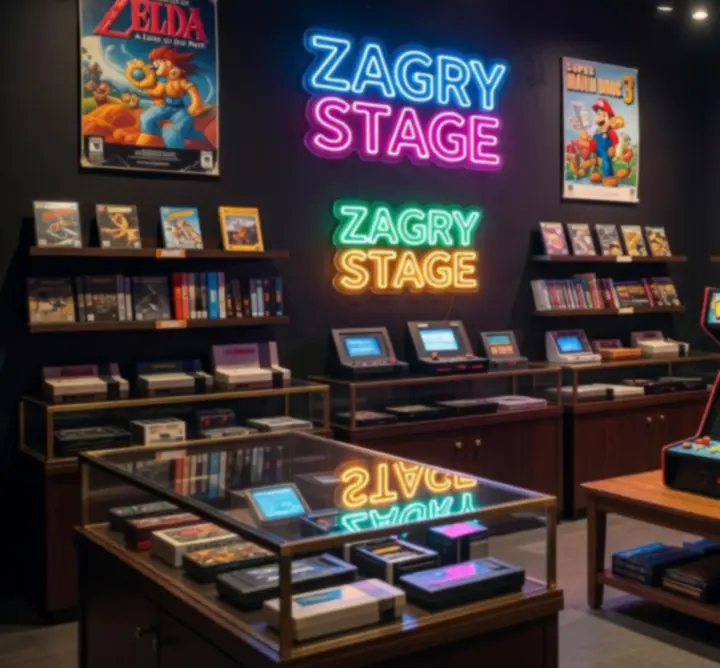 Wnętrze sklepu ZAGRY STAGE w stylu retro z neonami i półkami gier